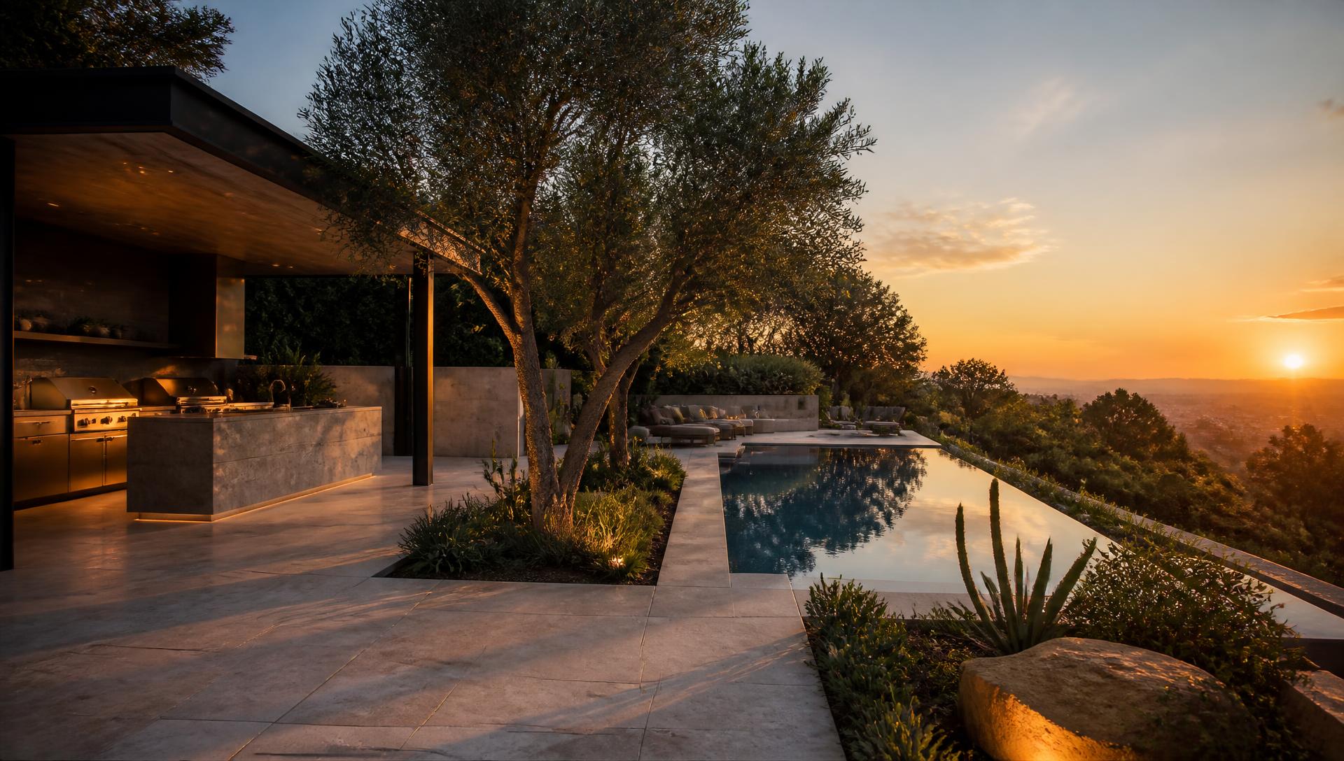 Finished high-end Los Angeles backyard at golden hour with pool, outdoor kitchen and mature planting